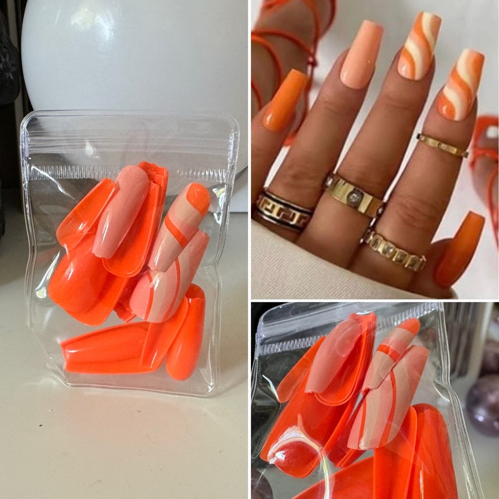 3/$15 Coffin Fake Nails Neon Orange Long Coffin